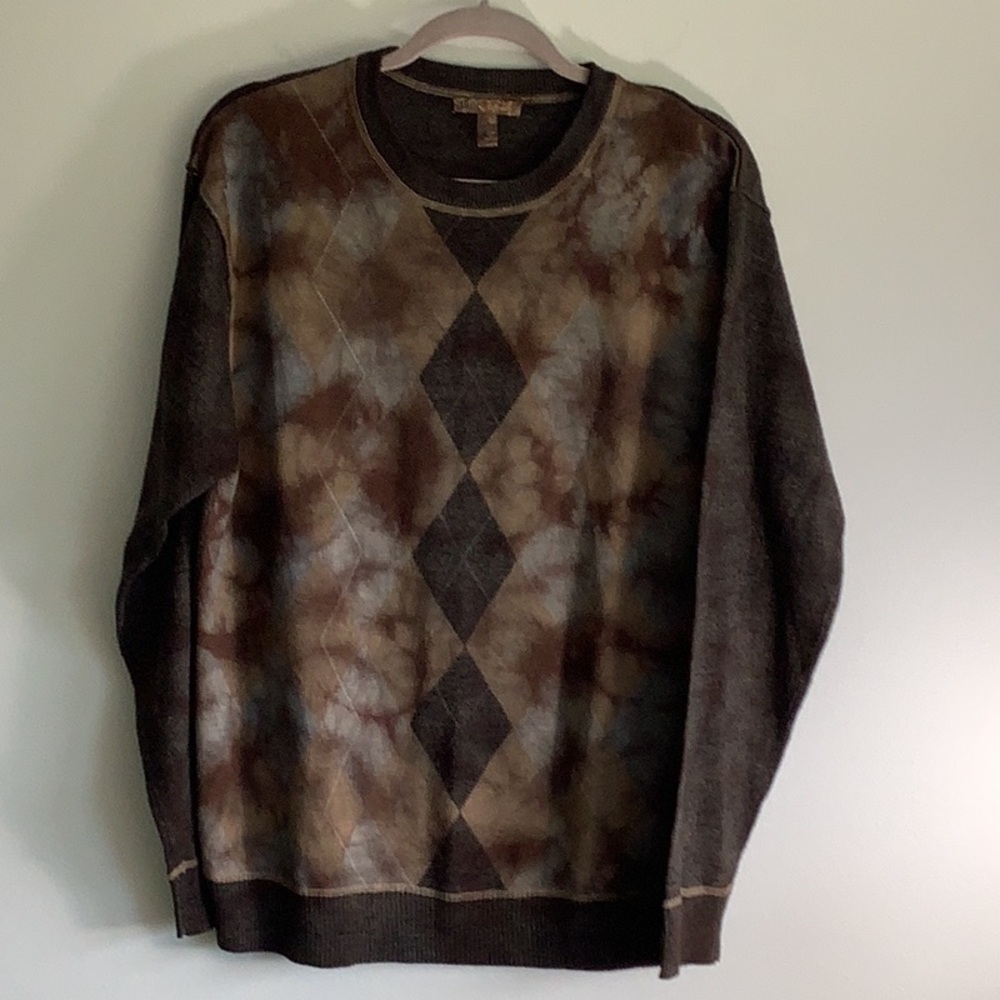 BLUE Brand Men's Sweater Size L Wool Blend Argyle Tie Dye Long Sleeve Brown